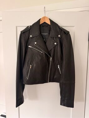 Club Monaco Black Leather Moto Jacket with Silver Hardware